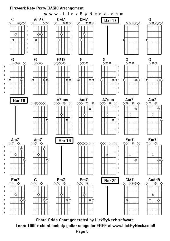 Chord Grids Chart of chord melody fingerstyle guitar song-Firework-Katy Perry-BASIC Arrangement,generated by LickByNeck software.